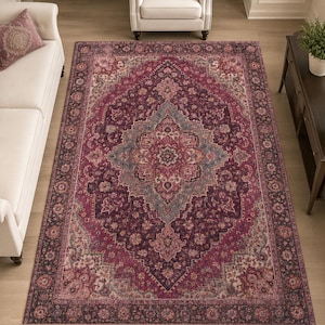 May include: A rectangular area rug featuring a deep magenta and dark purple color palette with a central medallion design. The rug displays intricate floral and vine patterns throughout, framed by a wide, ornate border in matching dark tones.