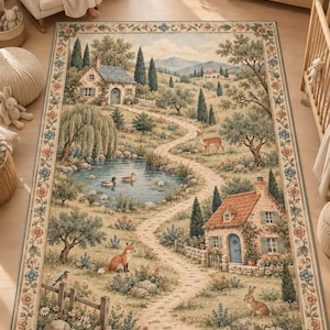 Pode incluir: Um tapete retangular com uma paisagem pastoral que inclui duas casas de pedra, um caminho sinuoso, um lago com patos, um veado, uma raposa e um coelho. A borda é decorada com um padrão repetitivo de flores e folhas coloridas.