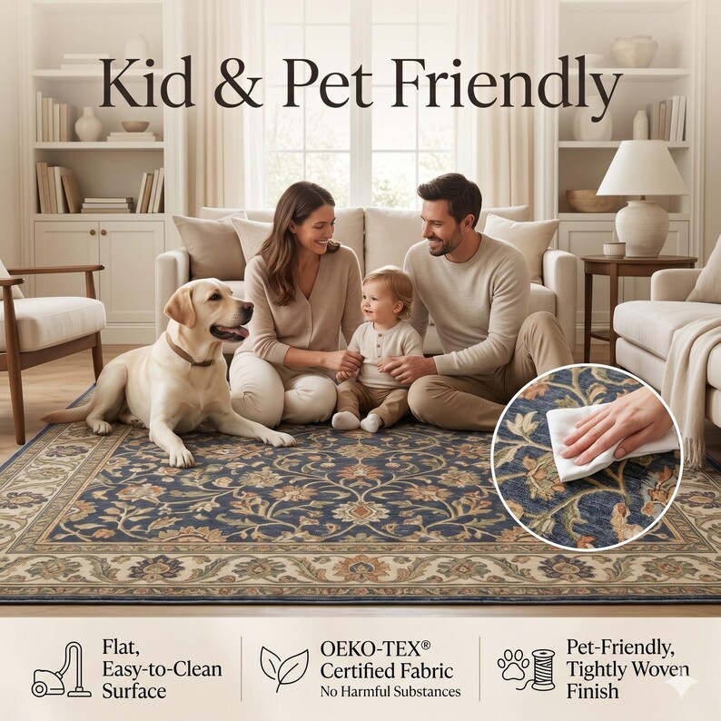 May include: A navy blue area rug with a floral pattern, featuring a family with a dog and child. The rug has a flat, easy-to-clean surface and is pet-friendly. Text on the image reads "Kid & Pet Friendly".
