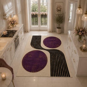 Modern abstract rug with geometric patterns, neutral cream tones and luxury apartment decor aesthetic.