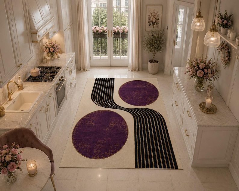 Modern abstract rug with geometric patterns, neutral cream tones and luxury apartment decor aesthetic.