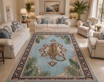 Leopard Area Rug, Tropical Botanical Carpet, Vintage Persian Style Floor Decor, Exotic Jungle Home Rug, Maximalist Animal Print Rug