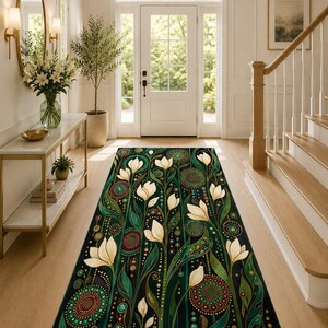 Washable botanical area rug with vintage floral artwork and organic modern decor aesthetic.