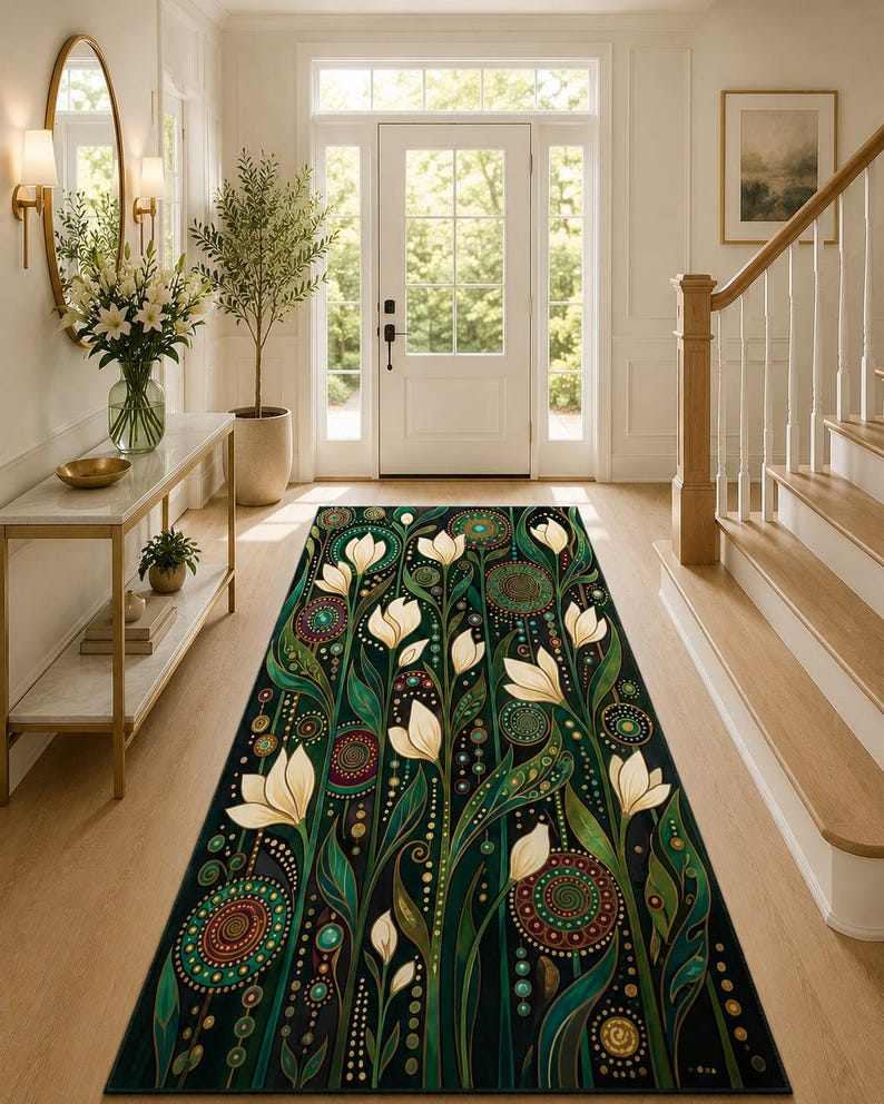 Washable botanical area rug with vintage floral artwork and organic modern decor aesthetic.