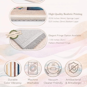 May include: A rug featuring a non-slip rubber backing, a 0.16-inch sponge layer, and a 0.11-inch bottom layer. It offers an optional 1.18-inch fringe, durable color vibrancy, and is machine washable, vacuum cleaner friendly, and antibacterial.