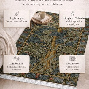 May include: A rectangular flat rug featuring a dark blue and green botanical pattern with large leaves, vines, and small flowers. The rug has a gold-toned border and white fringe on the ends. Text on the image reads: Designed for Everyday Living.