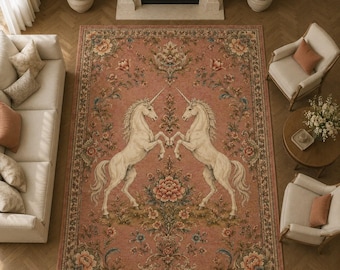 Unicorn Rug, Vintage Tapestry Mat, Pink Floral Carpet, Washable Living Room Area, Maximalist Bedroom Decor, Mythical Floor Pad