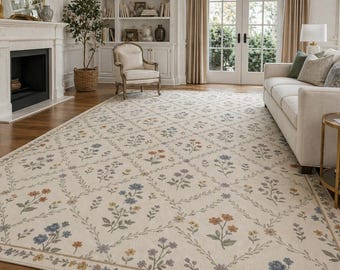 May include: A large, rectangular area rug with a floral pattern in a living room setting. The rug features a cream-colored background with a repeating design of flowers in shades of blue, orange, and yellow, connected by a vine-like pattern.