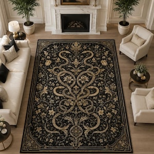 May include: A rectangular area rug featuring a black background with a symmetrical, intricate pattern of intertwined snakes, floral motifs, and scrolling vines in shades of gold, beige, and cream, framed by a decorative border.