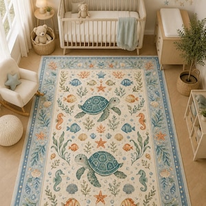 Marine life kids playroom carpet featuring seahorse and coral