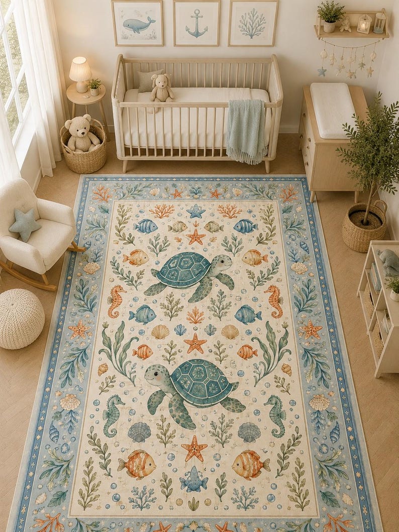 Marine life kids playroom carpet featuring seahorse and coral