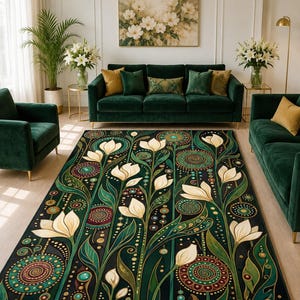 Washable floral carpet featuring emerald green leaves and luxurious jewel tone decor aesthetic.