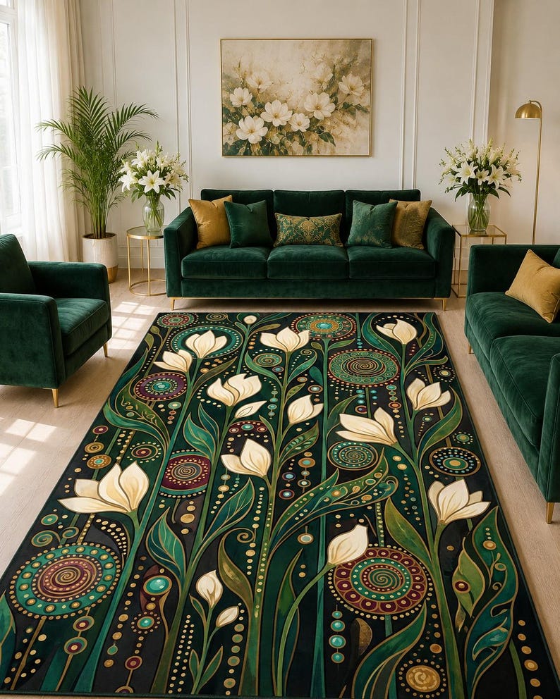 Washable floral carpet featuring emerald green leaves and luxurious jewel tone decor aesthetic.