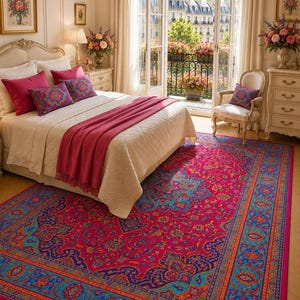 May include: A bedroom with a large, ornate rug in shades of pink, blue, and orange. The rug is centered in front of a bed with pink pillows and a matching throw. A balcony with flowers is visible through the open doors.