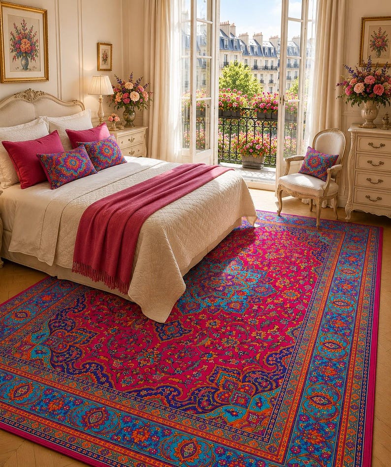 May include: A bedroom with a large, ornate rug in shades of pink, blue, and orange. The rug is centered in front of a bed with pink pillows and a matching throw. A balcony with flowers is visible through the open doors.