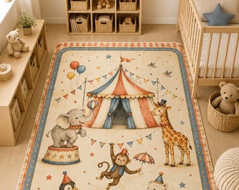 Vintage Circus Nursery Rug, Carnival Animal Play Mat, Whimsical Baby Decor, Kids Bedroom Carpet, Washable Tent Floor Area