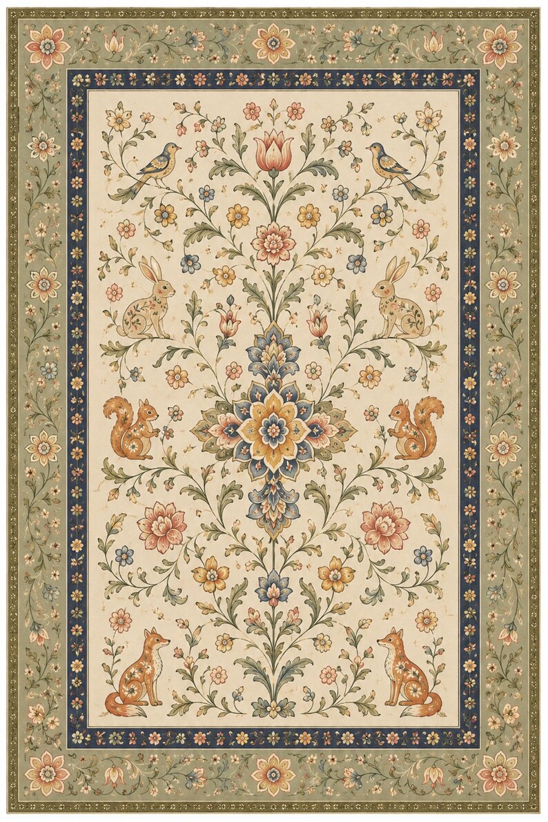 Washable cottagecore nursery mat in sage green and beige