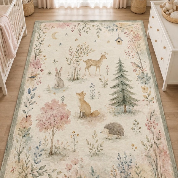 Waldtier-Kinderzimmerteppich, Aquarell-Tiermatte, Pastell-Babyteppich, Reh-, Fuchs- und Hasen-Kissen, Cottagecore-Kinderzimmerteppich, Waldmotiv-Spielzimmerdeko