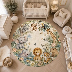Washable circle nursery mat featuring lion elephant and tiger