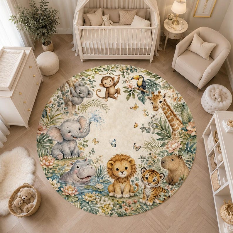Washable circle nursery mat featuring lion elephant and tiger