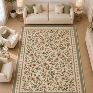 Vintage floral rug with sage green border and pastel flowers