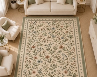 Vintage-Blumenteppich, Shabby-Chic-Fußmatte, Cottagecore-Teppich, Französischer Landhausstil, Abwaschbarer Blumenteppich, Pastellfarbene Raumdekoration