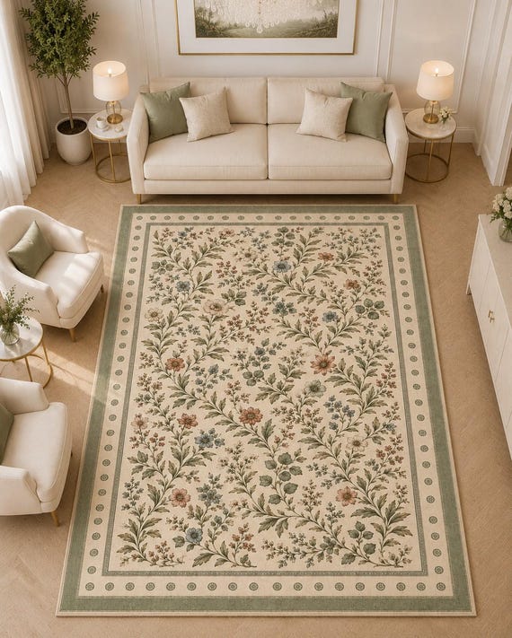 Vintage Floral Rug, Shabby Chic Mat, Cottagecore Carpet, French Country Area, Washable Botanical Floor, Pastel Room Decor