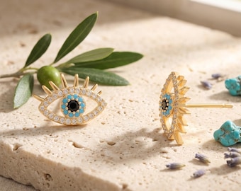 Gold Plated Evil Eye Crystal Stud Earrings, Turkish Nazar, Eyelash Nazar Earrings, Dainty Blue Eye Earrings, Everyday Earrings, Gift for Her