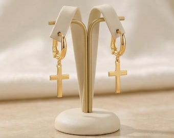 Orecchini a croce in oro, orecchini a cerchio pendenti a croce, orecchini a cerchio a croce in argento sterling 925, gioielli cristiani, regalo minimalista per lei da indossare tutti i giorni