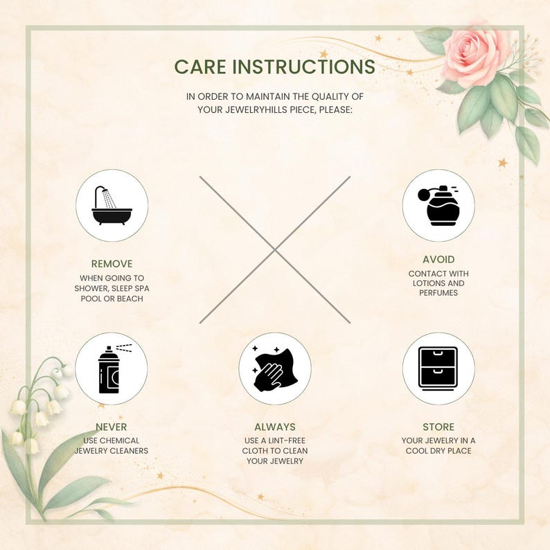 Pu&ograve; includere: Immagine con istruzioni per la cura dei gioielli. Il testo recita "CARE INSTRUCTIONS" e fornisce consigli su come mantenere la qualit&agrave; dei gioielli. Le icone raffigurano una doccia, un flacone di profumo, un detergente, un panno e un portagioie.
