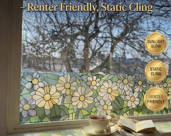 Stained Glass Daisy Window Film: Renter Friendly Static Cling (Sunlight Glow)