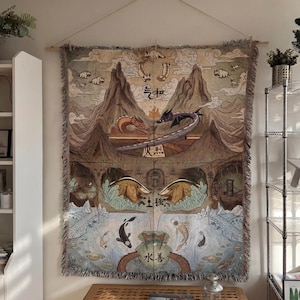 Manta tejida de las Cuatro Naciones - Símbolos elementales y arte original de los Maestros Elementales - Tapiz de Aire, Fuego, Tierra y Agua - Regalo para fans inspirado en Avatar