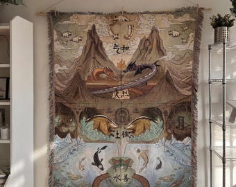 Manta Tecida das Quatro Nações - Símbolos Elementais e Arte Original dos Dobradores - Tapeçaria de Ar, Fogo, Terra e Água - Presente para Fãs de Avatar