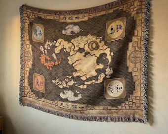 Tapiz de mapa del mundo tejido inspirado en Avatar - Cuatro Naciones - Decoración de pared con ventiladores de tierra, fuego, agua y aire