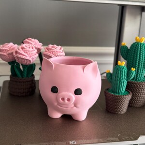 May include: A pink pig-shaped planter with black eyes and a smiling face. The planter is surrounded by small, crocheted cacti with yellow flowers and pink rose plants in brown pots. The items are on a brown surface.