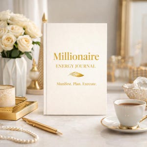 May include: A cream-coloured journal with gold lettering that reads "Millionaire ENERGY JOURNAL" and "Manifest. Plan. Execute." A gold pen, a cup of tea, and a vase of white roses are also visible.