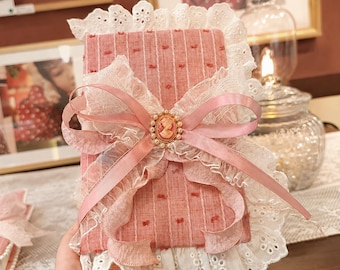 Funda para libros de encaje rosa, cubierta para cuaderno A5/A6 hecha a mano, regalo para lectoras coquetas