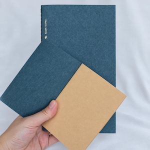 May include: A tall dark blue notebook with the text TRAVEL NOTES printed in gold on the cover, accompanied by a smaller dark blue notebook and a light brown notebook. The notebooks feature a textured paper cover and a simple rectangular design.