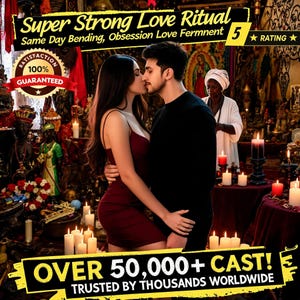 Może przedstawiać: Cyfrowa reklama przedstawiająca całującą się parę z tekstem Super Strong Love Ritual, Same Day Bending, Obsession Love Fermnent, 5 Star Rating, 100% Satisfaction Guaranteed oraz Over 50,000+ Cast! Trusted by Thousands Worldwide.