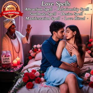 Może przedstawiać: Grafika cyfrowa z tekstem Love Spells, Attraction Spell, Relationship Spell, Soulmate Spell, Desire Spell, Manifestation Spell oraz Love Ritual. Osoba w turbanie stoi obok słoika z etykietą Love Spell i dwiema świecami.