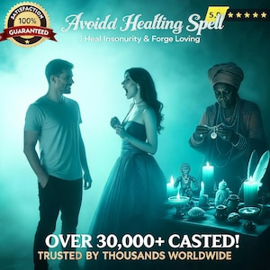 May include: A digital graphic featuring text that reads Avoida Healing Spell, Heal Insonurity & Forge Loving, and Over 30,000+ Casted! Trusted by Thousands Worldwide. The image shows a man, a woman, and a person in a headwrap with candles.