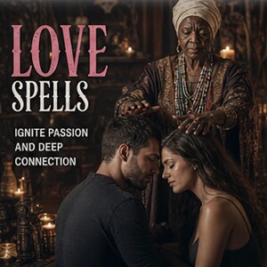 Puede incluir: Una imagen de tonos oscuros con el texto LOVE SPELLS IGNITE PASSION AND DEEP CONNECTION. Una persona mayor con pañuelo y collares de cuentas sostiene las manos sobre un hombre y una mujer que se miran frente a frente en una habitación oscura.