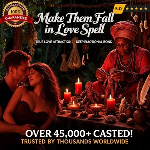 Puede incluir: Una persona con pañuelo rojo y ropa roja realiza un ritual con una pequeña figura en una mesa con velas rojas, mientras una pareja se abraza cerca. Texto: Make Them Fall in Love Spell, True Love Attraction, Deep Emotional Bond.