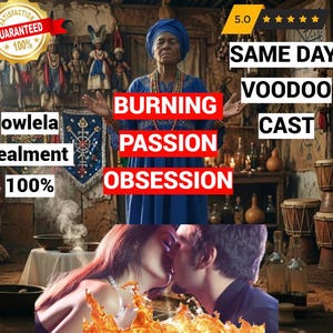 May include: An image featuring a woman in a blue head wrap, with text overlay reading "BURNING PASSION OBSESSION." Additional text includes "SAME DAY VOODOO CAST" and "owlela sealment 100%." A couple kissing is depicted at the bottom.