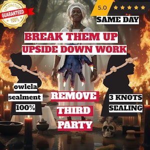 Könnte beinhalten: Ein Bild mit dem Text "BREAK THEM UP UPSIDE DOWN WORK". Das Bild enthält auch den Text "owlela sealment 100%" und "REMOVE THIRD PARTY". Das Bild enthält auch den Text "3 KNOTS SEALING". Eine Frau befindet sich in der Mitte des Bildes.