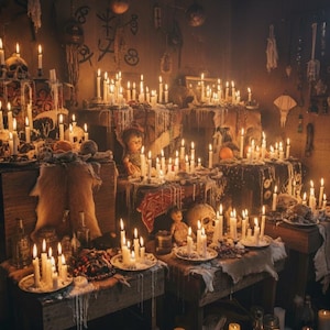 May include: A dimly lit scene featuring numerous lit candles of varying heights, arranged on wooden surfaces. Skulls, dolls, and other objects are interspersed among the candles, creating a mystical atmosphere. The wax has dripped down the sides of the candles.