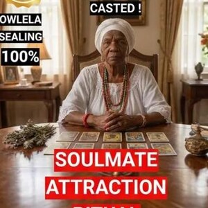 May include: An older person in a white head covering and top sits at a table with tarot cards. The image includes text that reads "SOULMATE ATTRACTION RITUAL" and "SAME DAY CASTING". Additional text states "OVER 45,000 CASTED!"