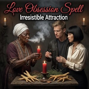 May include: A digital graphic titled Love Obsession Spell Irresistible Attraction featuring an older person in a white headwrap and maroon robe holding a red candle with smoke, alongside two younger people and two chicken feet on a wooden table.