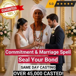 以下が含まれることがあります： 白いドレスとベールを身につけた人物、ダークスーツの人物、ビーズのネックレスをした白いローブの司式者がいる結婚式のシーン。テキスト：Commitment & Marriage Spell, Seal Your Bond, SAME DAY CASTING, OVER 45,000 CASTED!