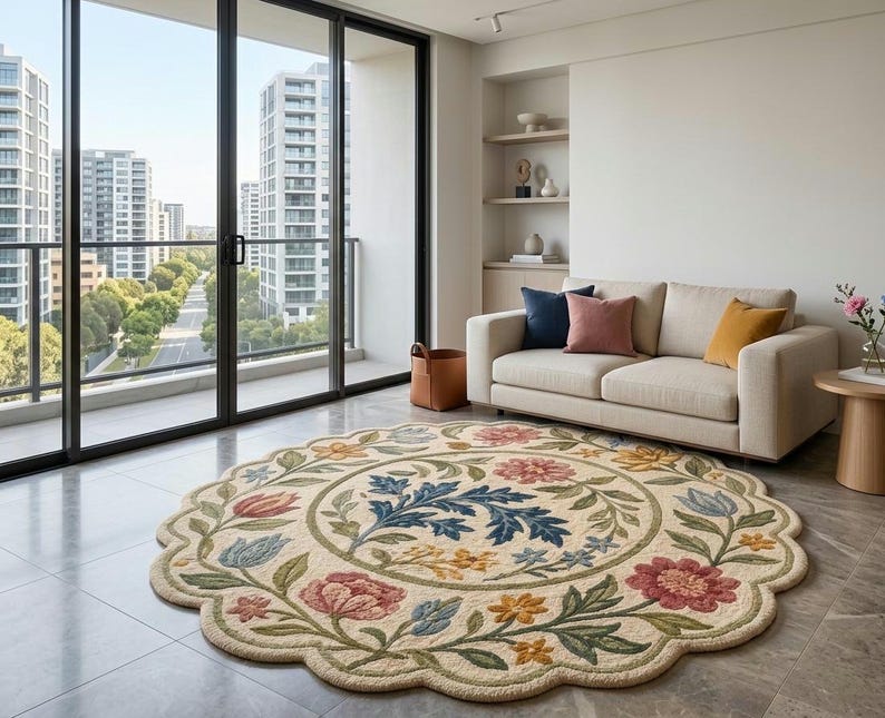 Hand Tufted Wool Floral Rug | Scalloped Edge Botanical Vintage Carpet ...